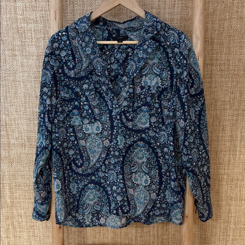 J. Crew Paisley and Floral Patterned Silk Blouse - Blue and Green
